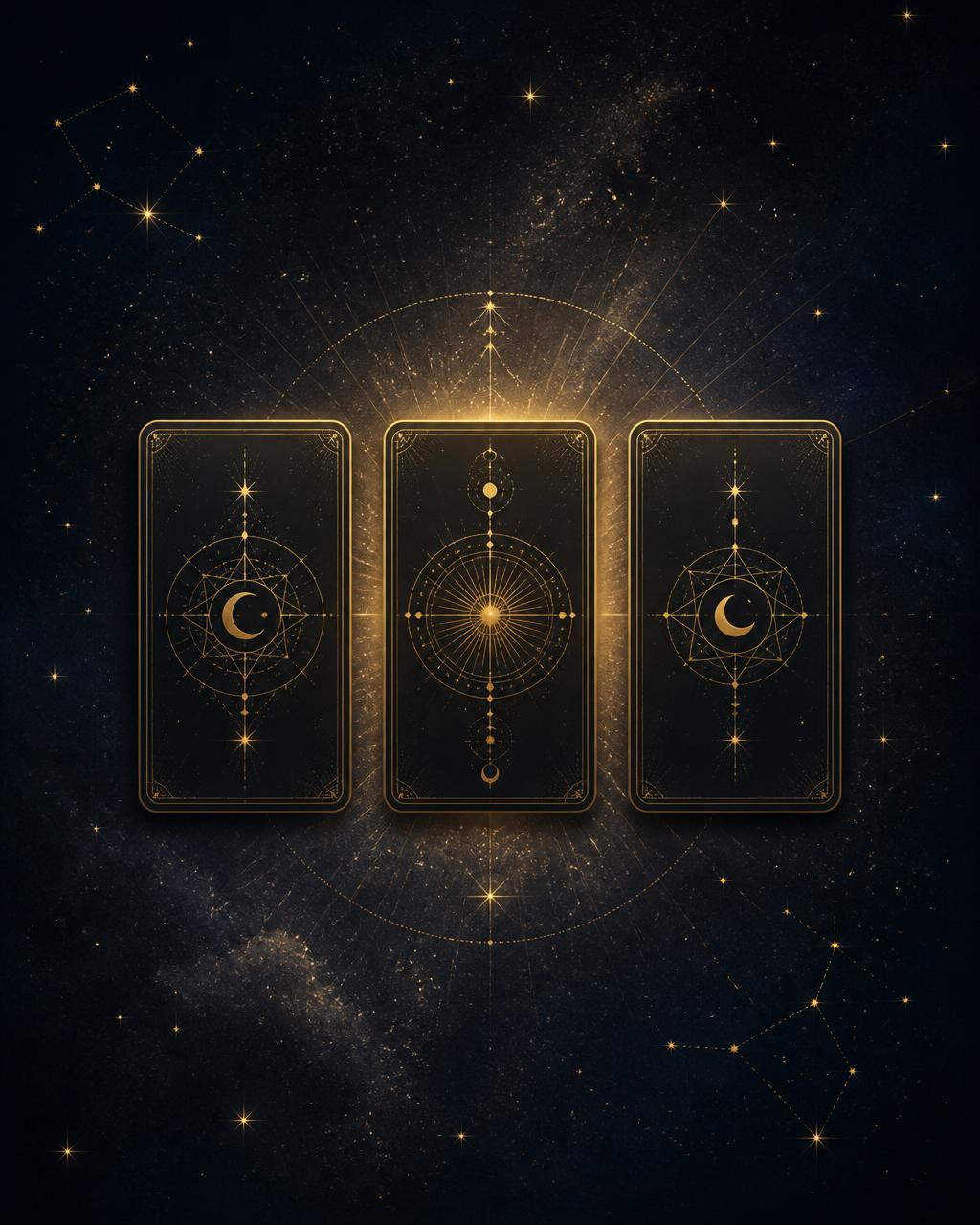 Minimalist illustration of a glowing three-card tarot spread representing AI-powered tarot guidance.